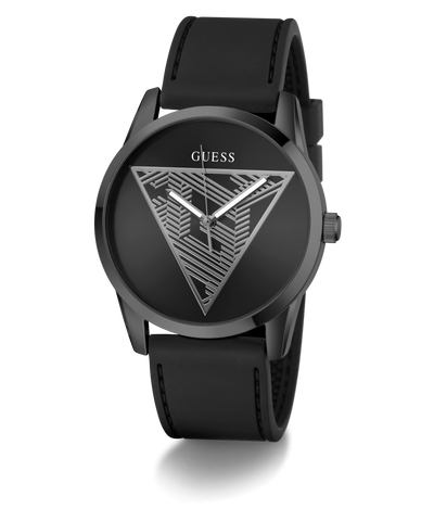 Black Guess GUESS Mens Black Analog Watch with triangle design on a white background