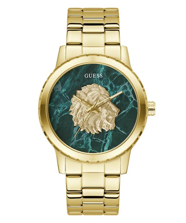 GUESS Mens Gold Tone Analog Watch with a lion head design on a green marble background, brand 'Guess' visible.