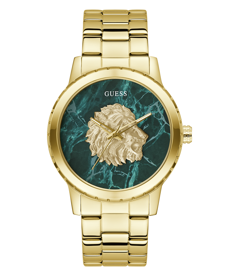 GUESS Mens Gold Tone Analog Watch with a lion head design on a green marble background, brand 'Guess' visible.