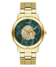GUESS Mens Gold Tone Analog Watch with a lion head design on a green marble background, brand 'Guess' visible.