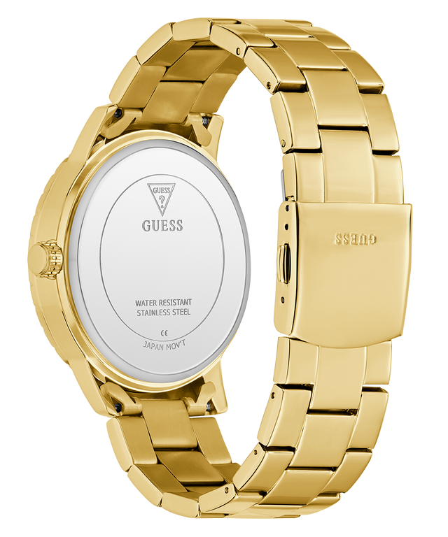 GUESS Mens Gold Tone Analog Watch with brand logo on a white background