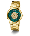 GUESS Mens Gold Tone Analog Watch with a green marble-like face and lion emblem on a white background