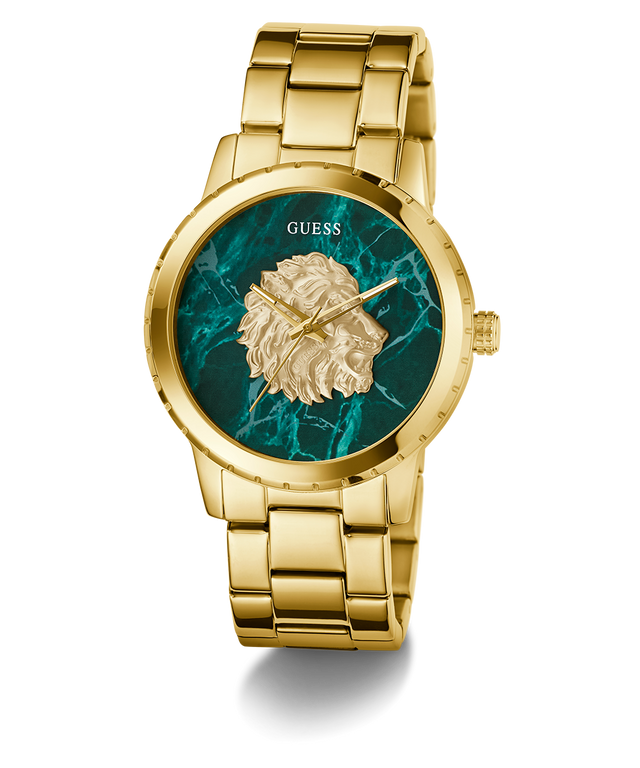 GUESS Mens Gold Tone Analog Watch with a green marble-like face and lion emblem on a white background