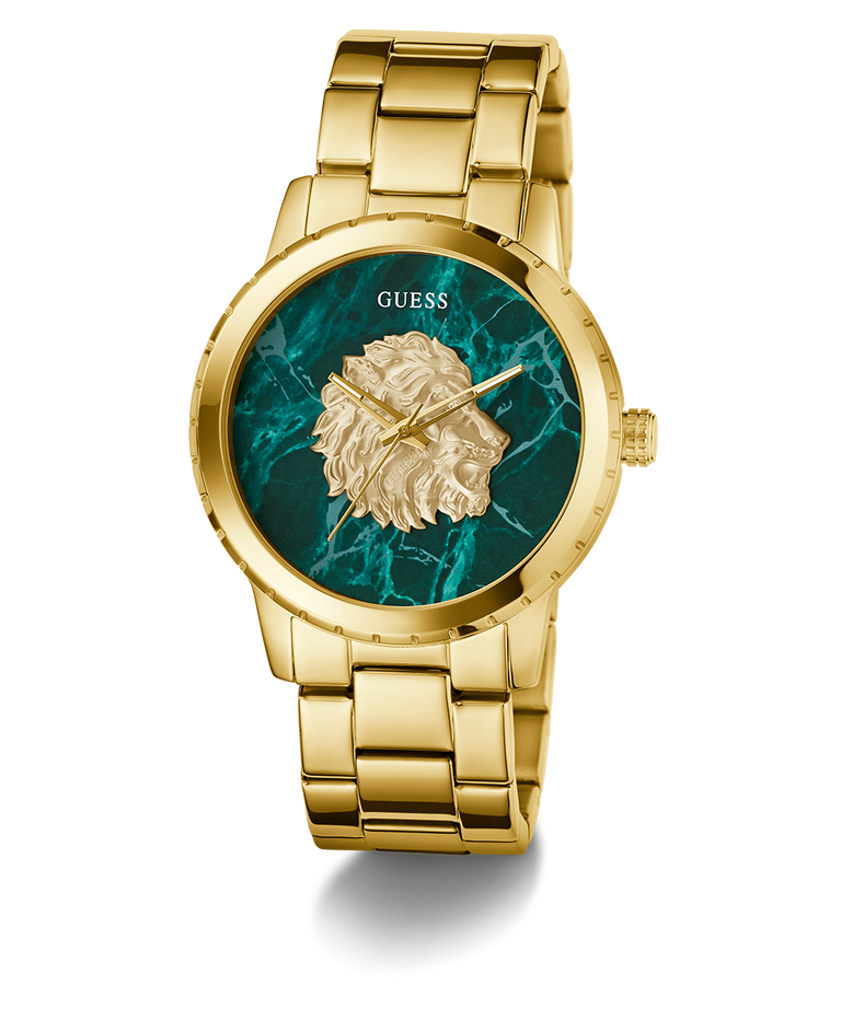 GUESS Mens Gold Tone Analog Watch with a green marble-like face and lion emblem on a white background
