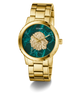 GUESS Mens Gold Tone Analog Watch with a green marble-like face and lion emblem on a white background