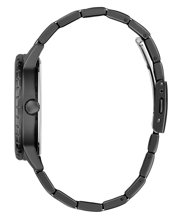 Close-up of a black watch strap on a white background