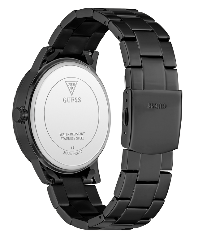 Black Guess watch with metal band on a white background