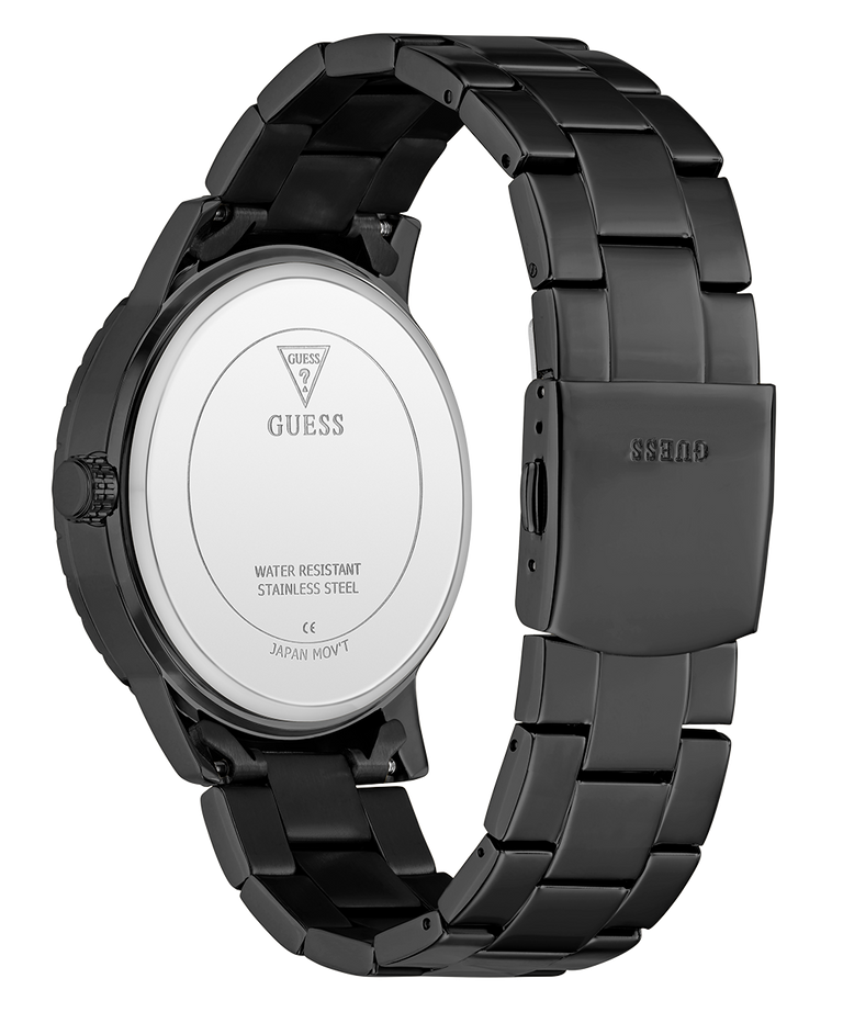 Black Guess watch with metal band on a white background