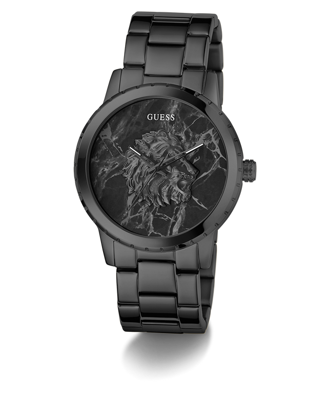 GUESS Mens Black Analog Watch with floral design on the face on a white background