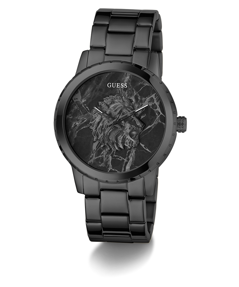 GUESS Mens Black Analog Watch with floral design on the face on a white background