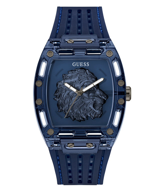 GUESS Mens Blue Analog Watch Blue Guess watch with lion emblem on a white background