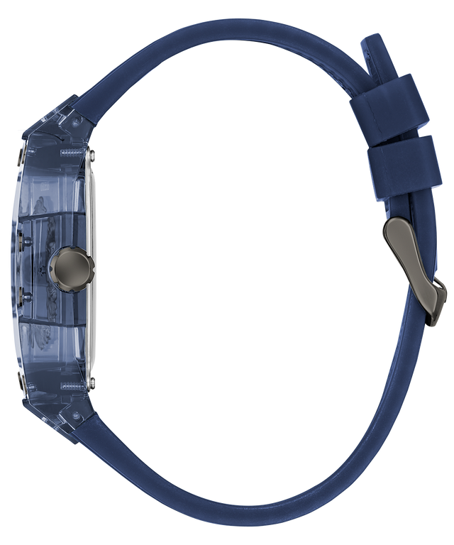 Side of GUESS Mens Blue Analog Watch Blue watch strap on a white background