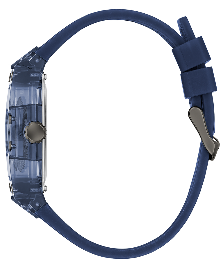 Side of GUESS Mens Blue Analog Watch Blue watch strap on a white background