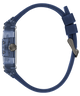 Side of GUESS Mens Blue Analog Watch Blue watch strap on a white background