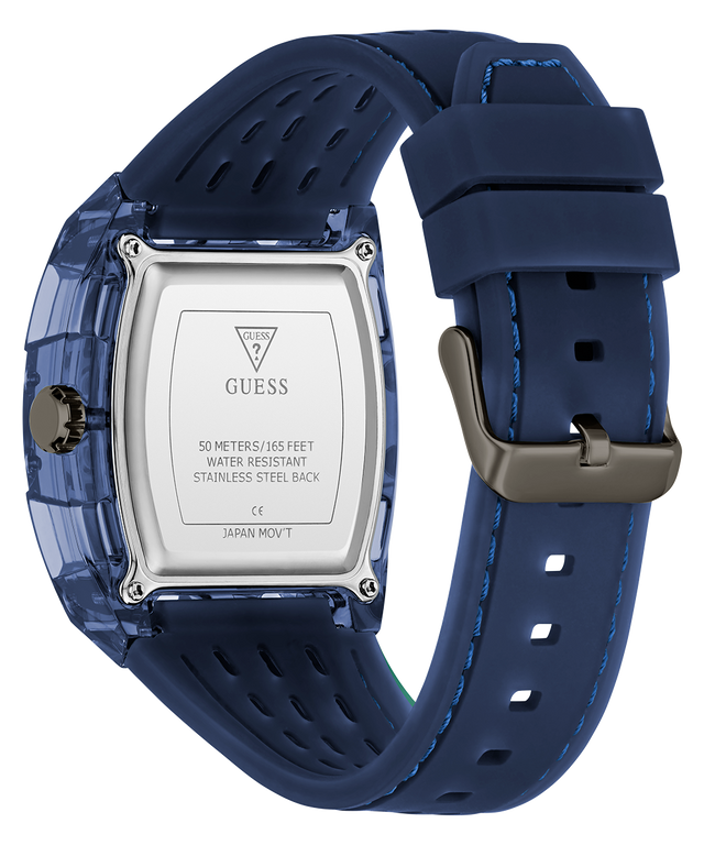 Caseback of GUESS Mens Blue Analog Watch Blue Guess watch with a clear face on a white background