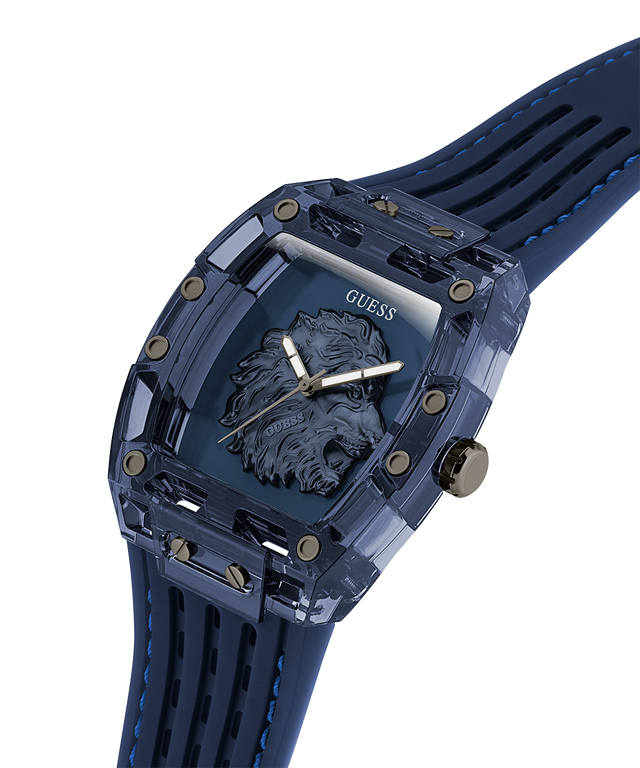 GUESS Mens Blue Analog Watch Blue Guess watch with lion emblem on a white background lifestyle