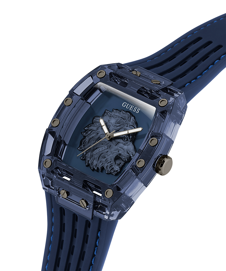 GUESS Mens Blue Analog Watch Blue Guess watch with lion emblem on a white background lifestyle