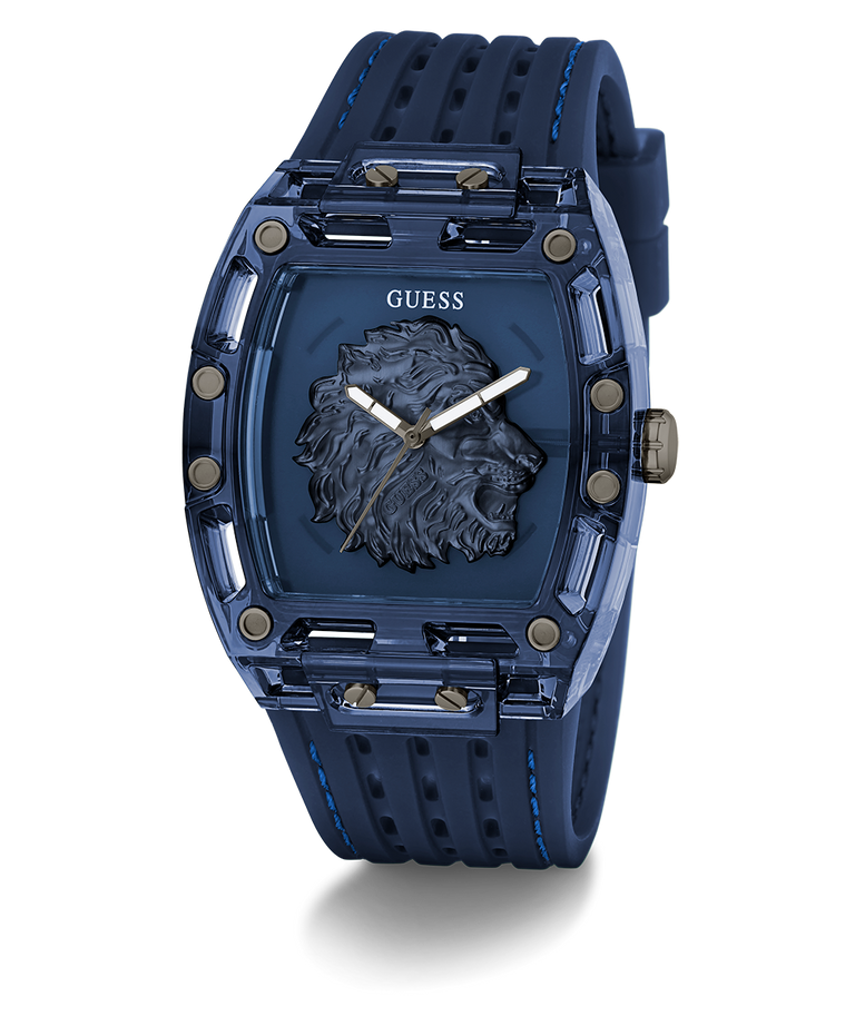 GUESS Mens Blue Analog Watch Blue Guess watch with lion emblem on a white background