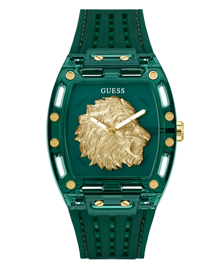 GUESS Mens Green Analog Watch with gold lion emblem and 'Guess' branding on a white background