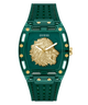 GUESS Mens Green Analog Watch with gold lion emblem and 'Guess' branding on a white background