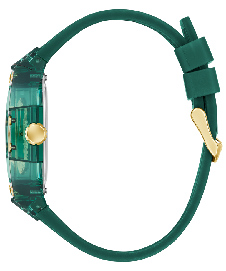 Side of Green watch with a gold accent on a white background