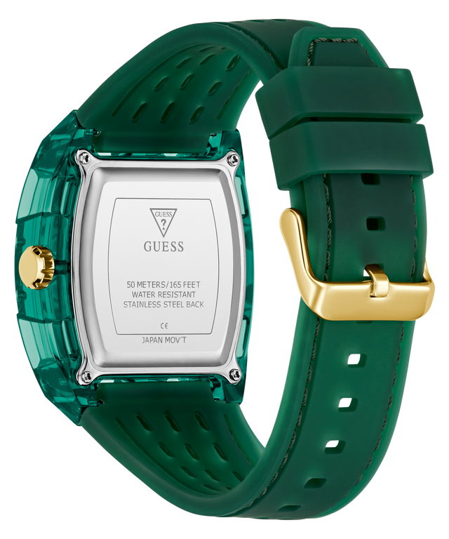 Caseback of Green watch with gold accents on a white background