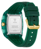 Caseback of Green watch with gold accents on a white background