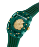 Green watch with gold lion emblem and 'Guess' branding on a white background lifestyle