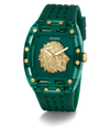GUESS Mens Green Analog Watch Green watch with gold lion emblem and 'Guess' branding on a white background