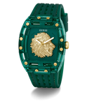 GUESS Mens Green Analog Watch Green watch with gold lion emblem and 'Guess' branding on a white background