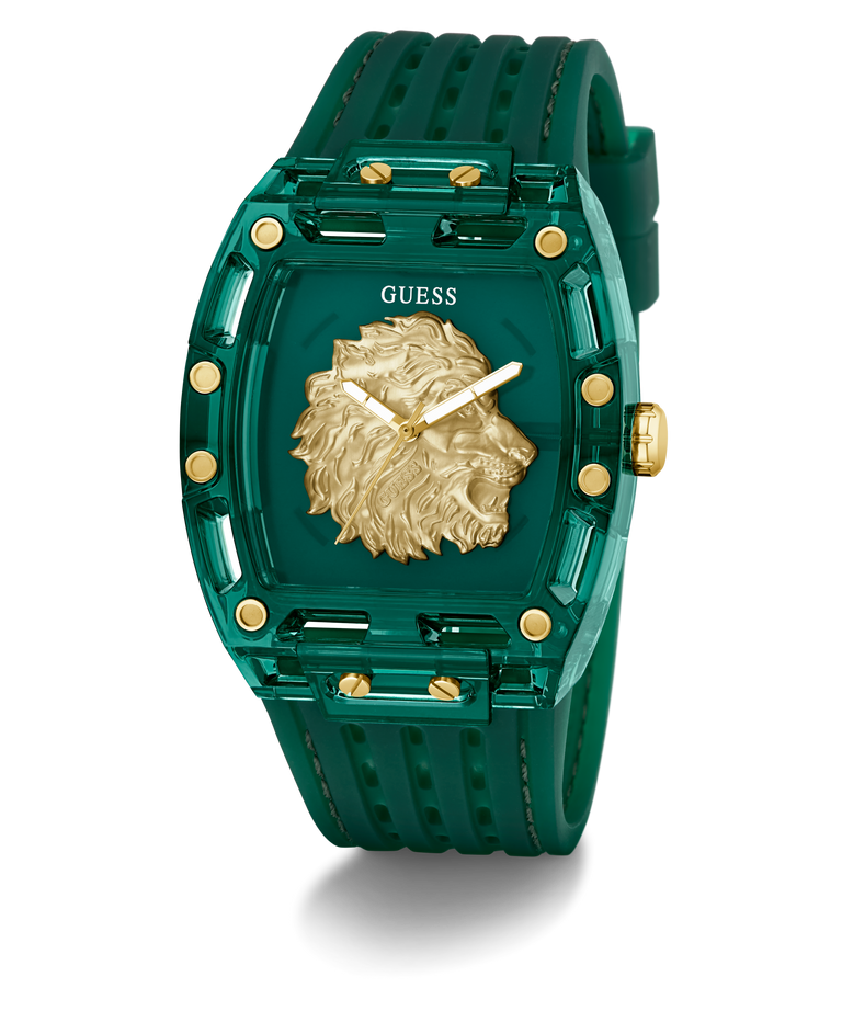 GUESS Mens Green Analog Watch Green watch with gold lion emblem and 'Guess' branding on a white background
