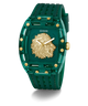 GUESS Mens Green Analog Watch Green watch with gold lion emblem and 'Guess' branding on a white background