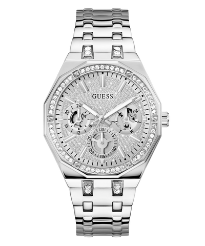 GUESS Mens Silver Tone Multi-function Watch with gemstone accents on a white background