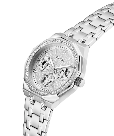 Silver Guess watch with detailed face on a white background lifestyle