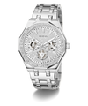 GUESS Mens Silver Tone Multi-function Watch with diamond-studded face on a white background