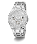 GUESS Mens Silver Tone Multi-function Watch with diamond-studded face on a white background