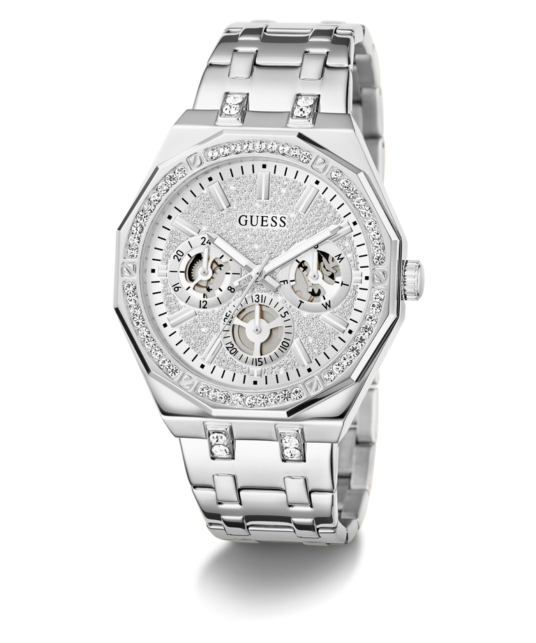 GUESS Mens Silver Tone Multi-function Watch with diamond-studded face on a white background