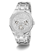 GUESS Mens Silver Tone Multi-function Watch with diamond-studded face on a white background