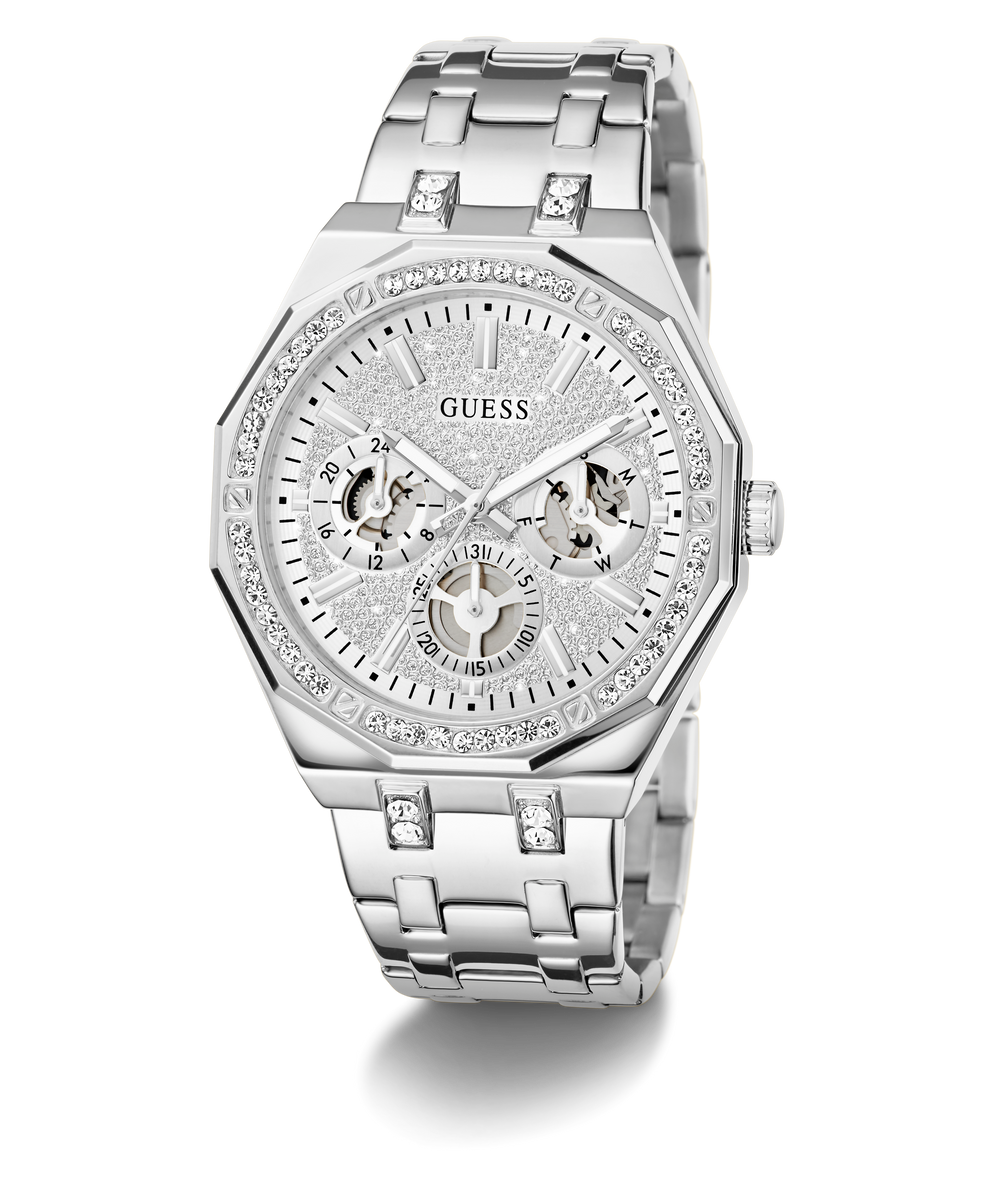 GUESS Mens Silver Tone Multi-function Watch with diamond-studded face on a white background