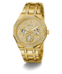 Gold GUESS Mens Gold Tone Multi-function Watch with diamond accents on a white background
