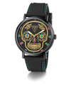 Limited Edition Day Of The Dead Black watch with a colorful skull design on the dial against a white background