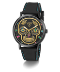 Limited Edition Day Of The Dead Black watch with a colorful skull design on the dial against a white background