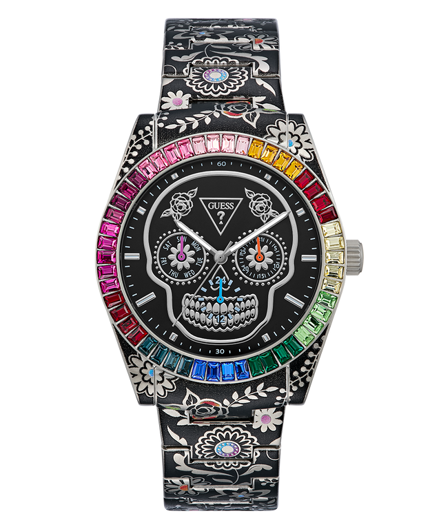 Limited Edition Day Of The Dead GUESS watch with skull design and colorful gemstones on a white background