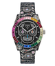 Limited Edition Day Of The Dead GUESS watch with skull design and colorful gemstones on a white background