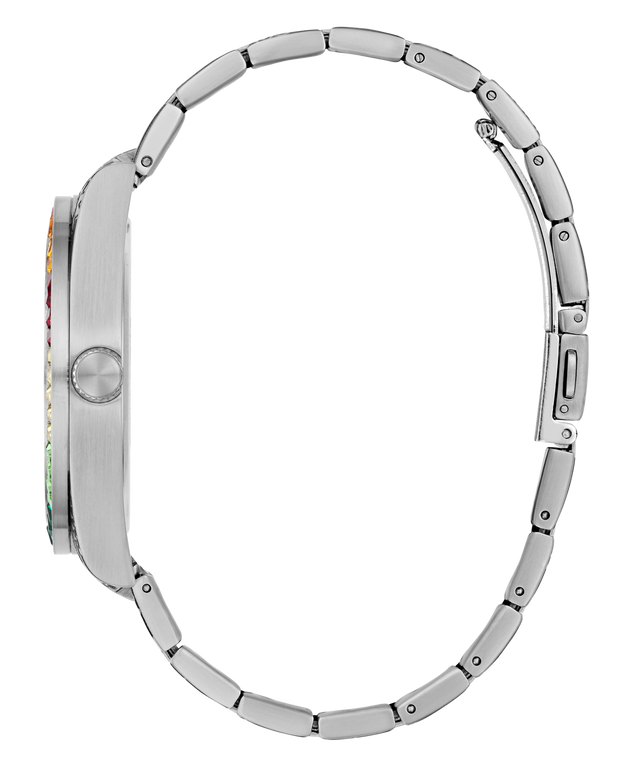 Close-up of a silver Limited Edition Day Of The Dead watch band on a white background