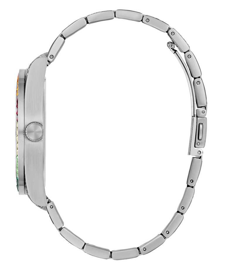 Close-up of a silver Limited Edition Day Of The Dead watch band on a white background