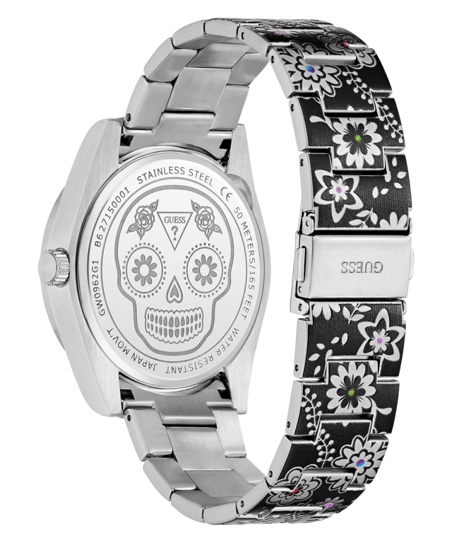 Caseback of Limited Edition Day Of The Dead Guess watch with skull design on face and floral patterned band