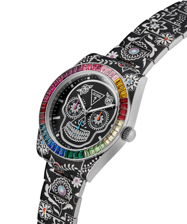 Limited Edition Day Of The Dead Watch with a colorful face and black floral strap on a white background lifestyle
