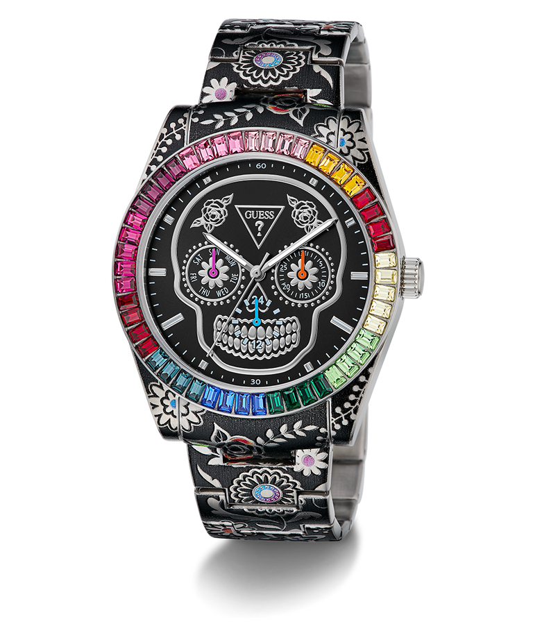 Colorful skull-themed Limited Edition Day Of The Dead watch with a black strap on a white background