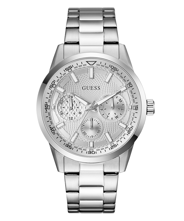 GUESS Mens Silver Tone Multi-function Watch with detailed face on a white background